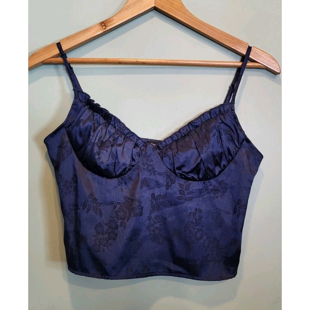 Beverly & Beck Navy Blue Satin Babydoll Coquette Cami Crop Top Sz S